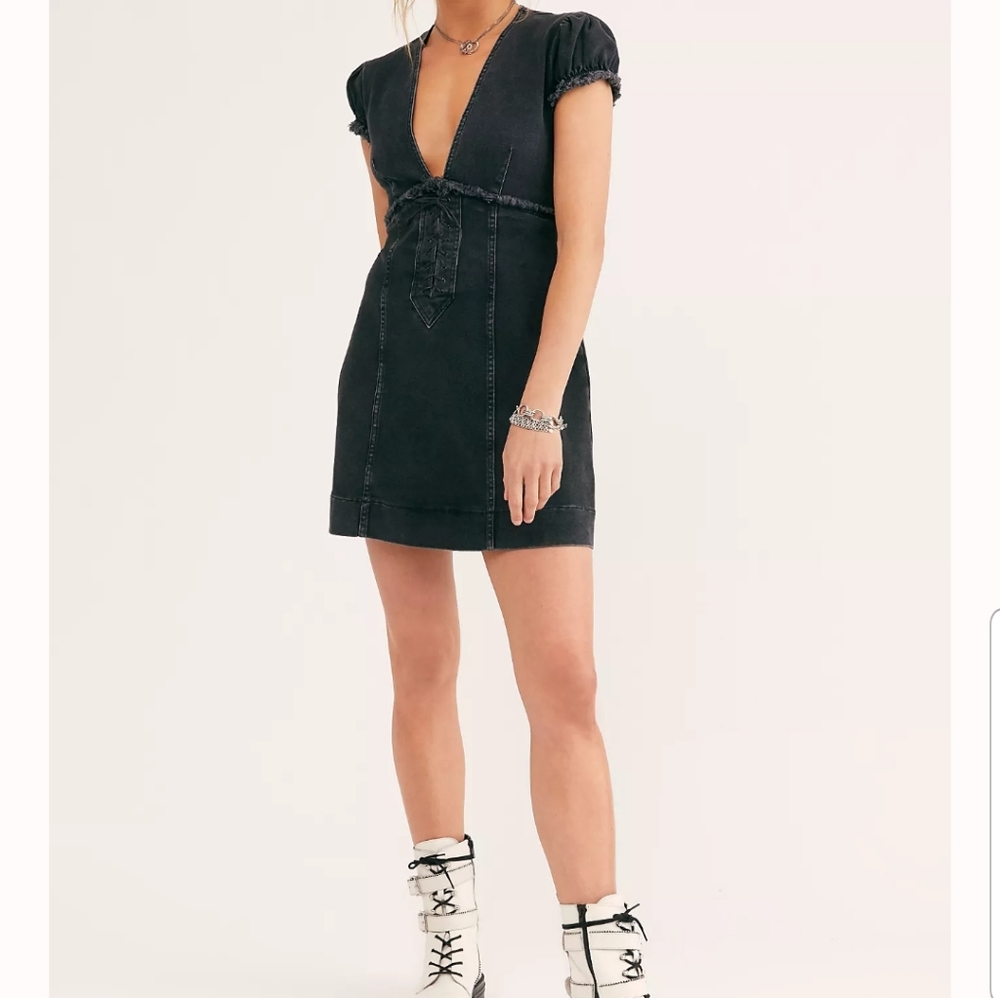 Free People Something Sweet Mini black denim dress
